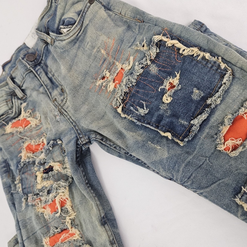 Evolution In Design Stacked Distressed Patchwork Jeans Girls Size 14 Orange Fall - Picture 4 of 6